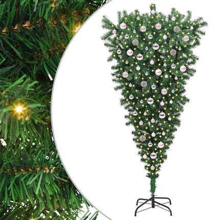 Upp och ner konstgjord förbelyst julgran med bollar Grön 210 cm