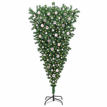 Upp och ner konstgjord förbelyst julgran med bollar Grön 210 cm