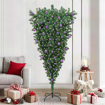 Upp och ner konstgjord förbelyst julgran med bollar Grön 210 cm