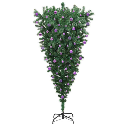 Upp och ner konstgjord förbelyst julgran med bollar Grön 210 cm