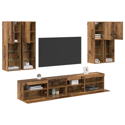 TV-väggskåpsset med LED-lampor med led 7 pcs Gammalt trä