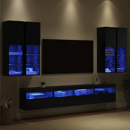 TV-väggskåpsset med LED-lampor 7 pcs Svart Ek 100 x 30 x 40 cm