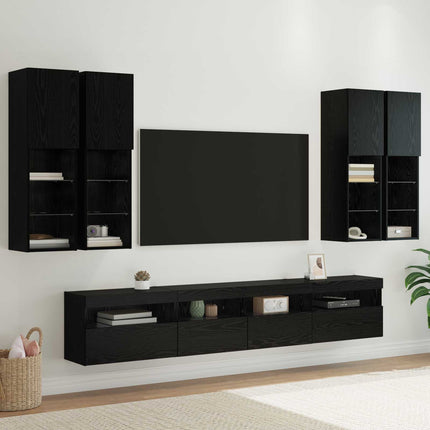 TV-väggskåpsset med LED-lampor 7 pcs Svart Ek 100 x 30 x 40 cm