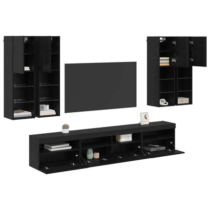 TV-väggskåpsset med LED-lampor 7 pcs Svart Ek 100 x 30 x 40 cm