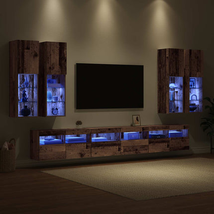 TV väggskåp set Väggmonterad 7 pcs Gammalt trä Konstruerat trä