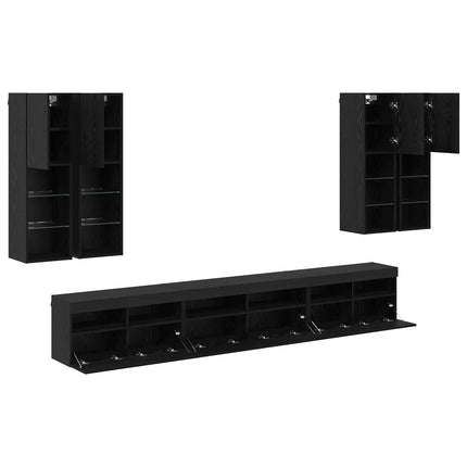 TV väggskåp set Väggmonterad 7 pcs Svart Ek Konstruerat trä