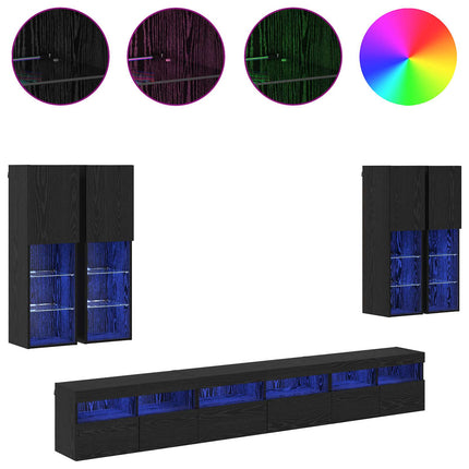 TV väggskåp set Väggmonterad 7 pcs Svart Ek Konstruerat trä