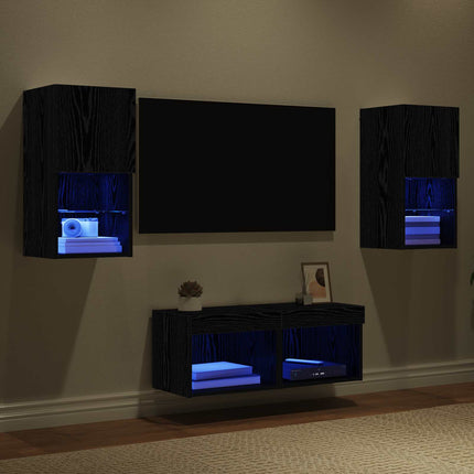 TV-väggskåp med LED -remsljus 4 pcs Svart Ek Konstruerat trä