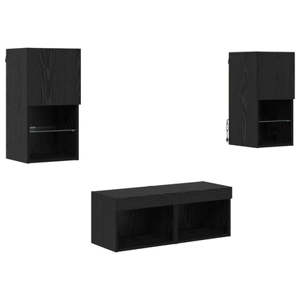 TV-väggskåp med LED -remsljus 4 pcs Svart Ek Konstruerat trä