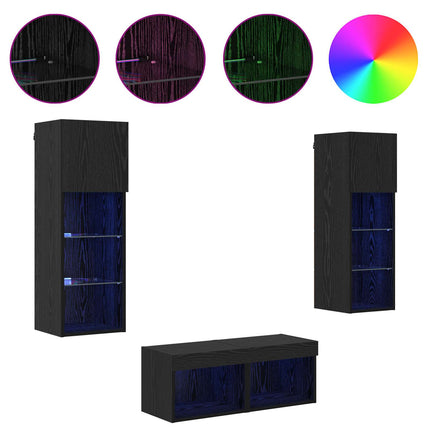 TV-väggskåp med LED -remsljus 4 pcs Svart Ek Konstruerat trä