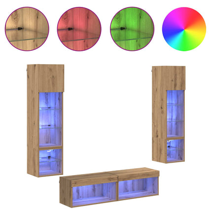 TV-väggmodul med LED -remsljus 6 pcs Artisan Ek Konstruerat trä