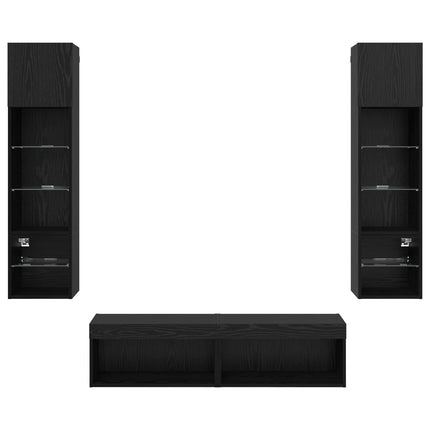 TV-väggmodul med LED -remsljus 6 pcs Svart Ek Konstruerat trä