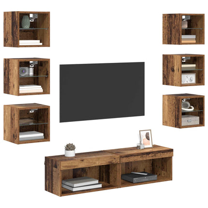 TV-skåp med LED -remsljus med låda 8 pcs Gammalt trä Glas