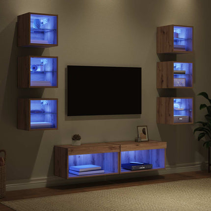 TV-skåp med LED -remsljus med låda 8 pcs Artisan Ek Glas
