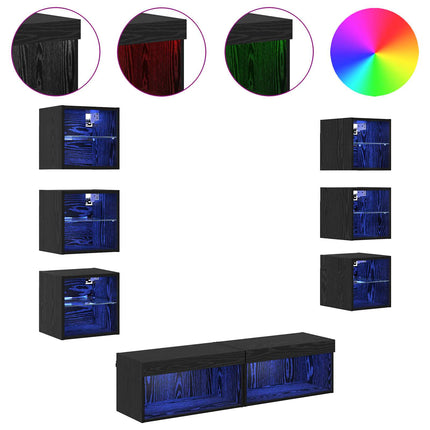 TV-skåp med LED -remsljus med låda 8 pcs Svart Ek Glas
