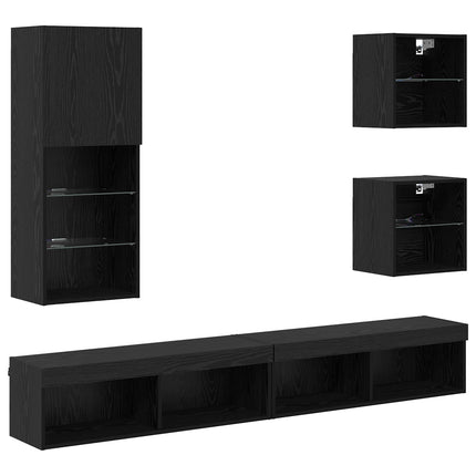 TV-väggenheter med LED 5 pcs Svart Ek Konstruerat trä
