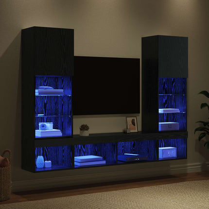 TV-väggenheter med LED 5 pcs 40,5 x 30 x 102 cm Svart Ek