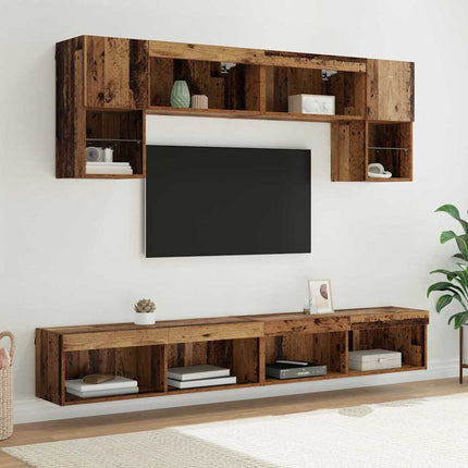 TV-väggenheter med LED 6 pcs Gammalt trä Konstruerat trä