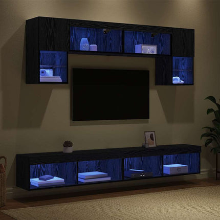 TV-väggenheter med LED 6 pcs Svart Ek Konstruerat trä