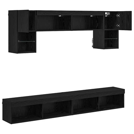 TV-väggenheter med LED 6 pcs Svart Ek Konstruerat trä