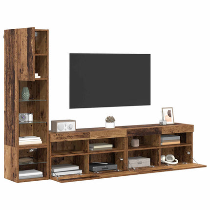TV-väggmodul med led 4 pcs Gammalt trä Konstruerat trä