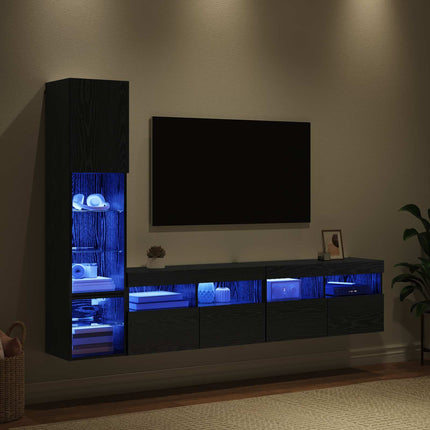 TV-väggmodul med led 4 pcs Svart Ek Konstruerat trä