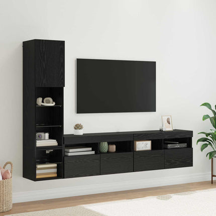 TV-väggmodul med led 4 pcs Svart Ek Konstruerat trä