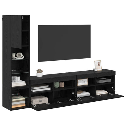 TV-väggmodul med led 4 pcs Svart Ek Konstruerat trä