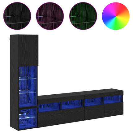 TV-väggmodul med led 4 pcs Svart Ek Konstruerat trä
