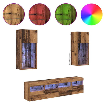 TV-väggenheter med LED 5 pcs Gammalt trä 40,5 x 30 x 90 cm