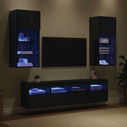 TV-väggenheter med LED 5 pcs Svart Ek 40,5 x 30 x 90 cm
