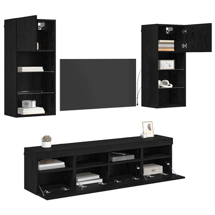 TV-väggenheter med LED 5 pcs Svart Ek 40,5 x 30 x 90 cm