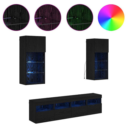TV-väggenheter med LED 5 pcs Svart Ek 40,5 x 30 x 90 cm