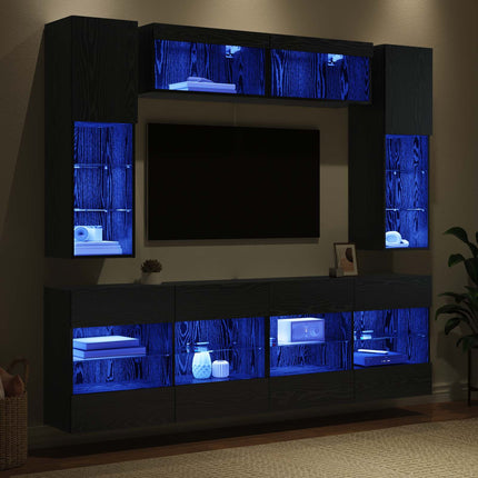 TV väggskåp set med led 6 pcs Svart Ek Konstruerat trä