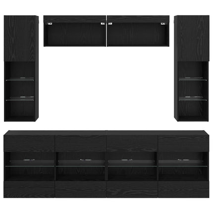 TV väggskåp set med led 6 pcs Svart Ek Konstruerat trä