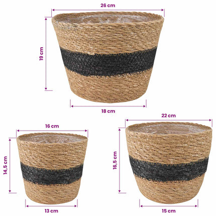 Sjögräs Växtkorgar 3 pcs Naturlig och svart Ø26 x 19 cm