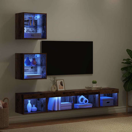 TV-väggenheter med LED 5 pcs Gammalt trä Konstruerat trä