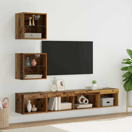 TV-väggenheter med LED 5 pcs Gammalt trä Konstruerat trä