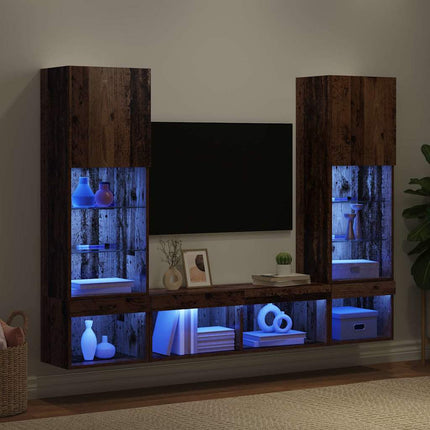 TV-väggenheter med LED 5 pcs Gammalt trä Konstruerat trä