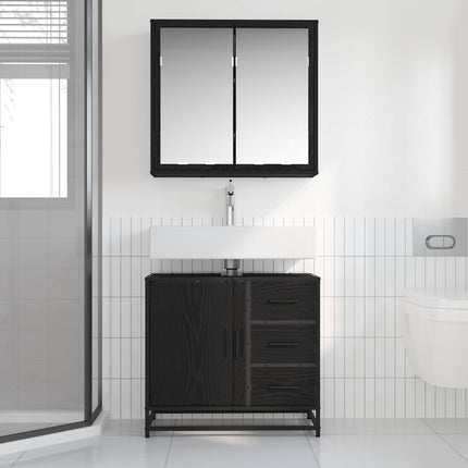 Badrumsmöbelset med låda 2 pcs Svart ek Konstruerat trä