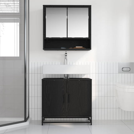 Badrumsmöbelset med hylla 2 pcs Svart Ek Konstruerat trä