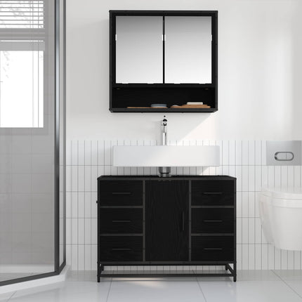 Badrumsmöbelset med låda 2 pcs Svart Ek Konstruerat trä