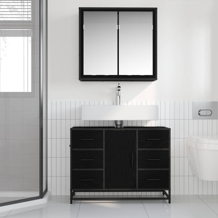 Badrumsmöbelset med låda 2 pcs Svart Ek Konstruerat trä