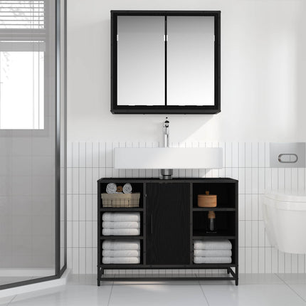 Badrumsmöbelset med hylla 2 pcs Svart Ek Konstruerat trä