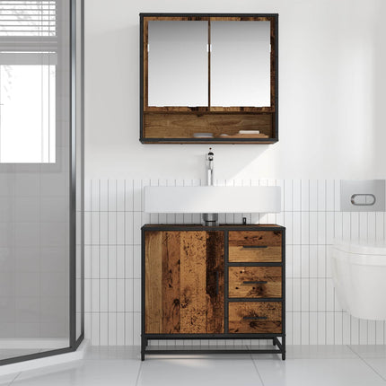 Badrumsmöbelset med låda 2 pcs Gammalt trä Konstruerat trä