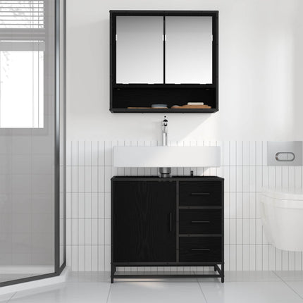 Badrumsmöbelset med låda 2 pcs Svart Ek Konstruerat trä