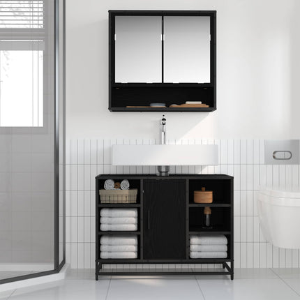 Badrumsmöbelset med hylla 2 pcs Svart Ek Konstruerat trä