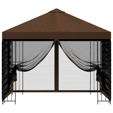 Trädgårdsgazebo med sidoväggar 3 x 3 m Brun Polyester och Stål