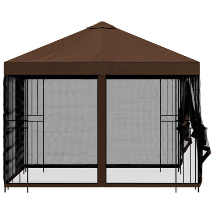 Trädgårdsgazebo med sidoväggar 3 x 3 m Brun Polyester och Stål