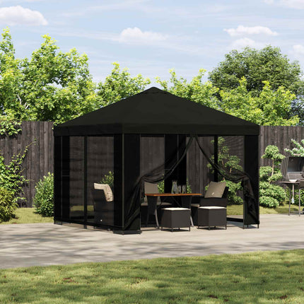 Trädgårdsgazebo med sidoväggar 3 x 3 m Svart Polyester och Stål